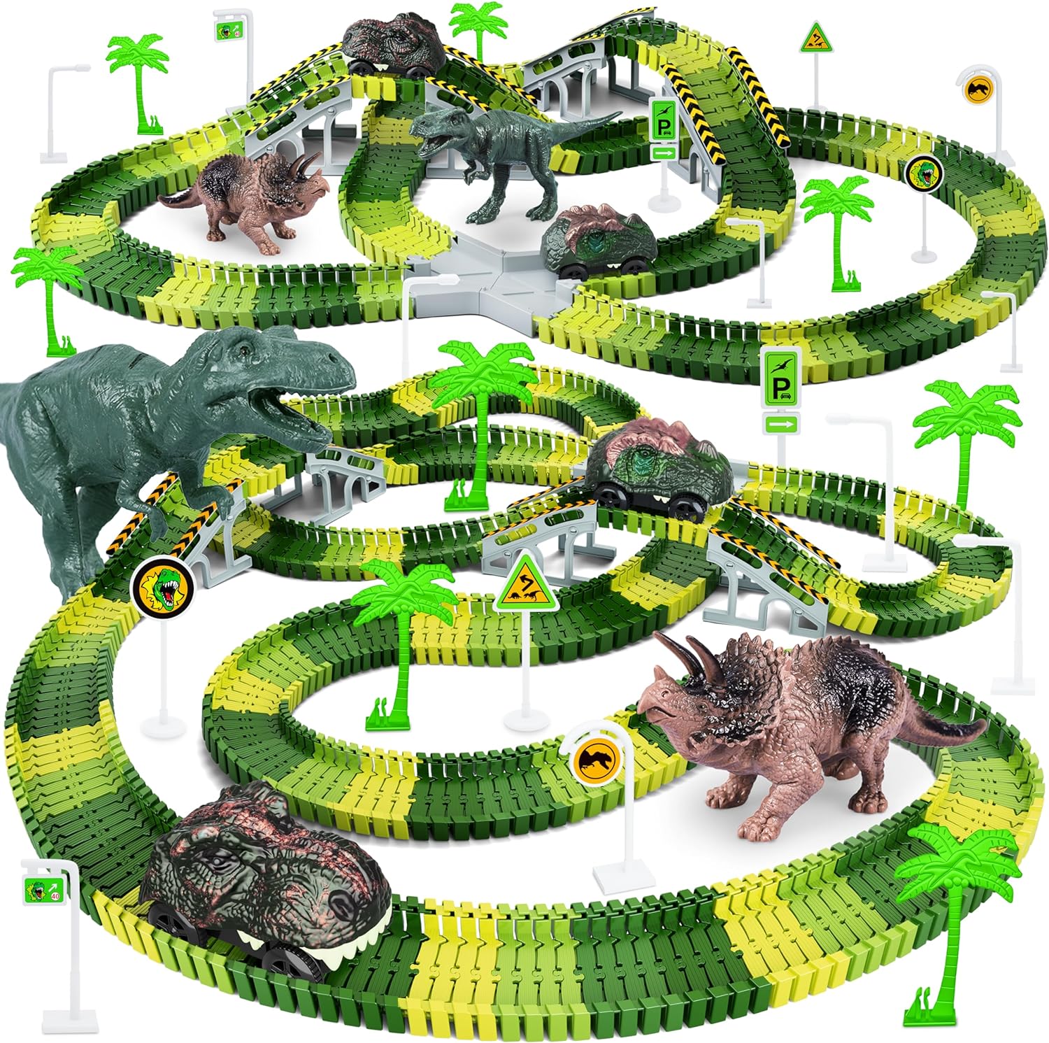 Dinosaur Toys, 252 PCS Create A Dinosaur World Road Race Tracks, Flexible Track Playset, 2pcs Dinosaur Car for 3 4 5 6 Year Old Boys Girls Birthday Party Favor Gift 24hrsmart