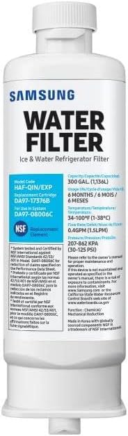 SAMSUNG Genuine Filter for Refrigerator Water and Ice, Carbon Block Filtration, Reduces 99% of Harmful Contaminants for Clean, Clear Drinking Water, 6-Month Life, HAF-QIN/EXP 24Hr Smart