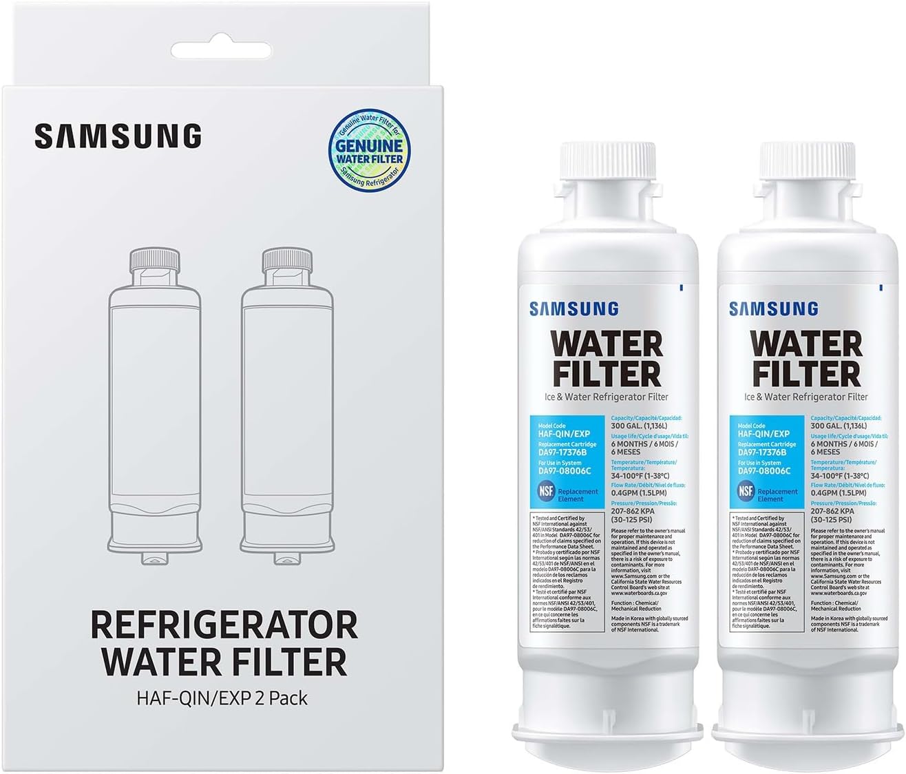 SAMSUNG Genuine Filter for Refrigerator Water and Ice, Carbon Block Filtration, Reduces 99% of Harmful Contaminants for Clean, Clear Drinking Water, 6-Month Life, HAF-QIN/EXP 24Hr Smart
