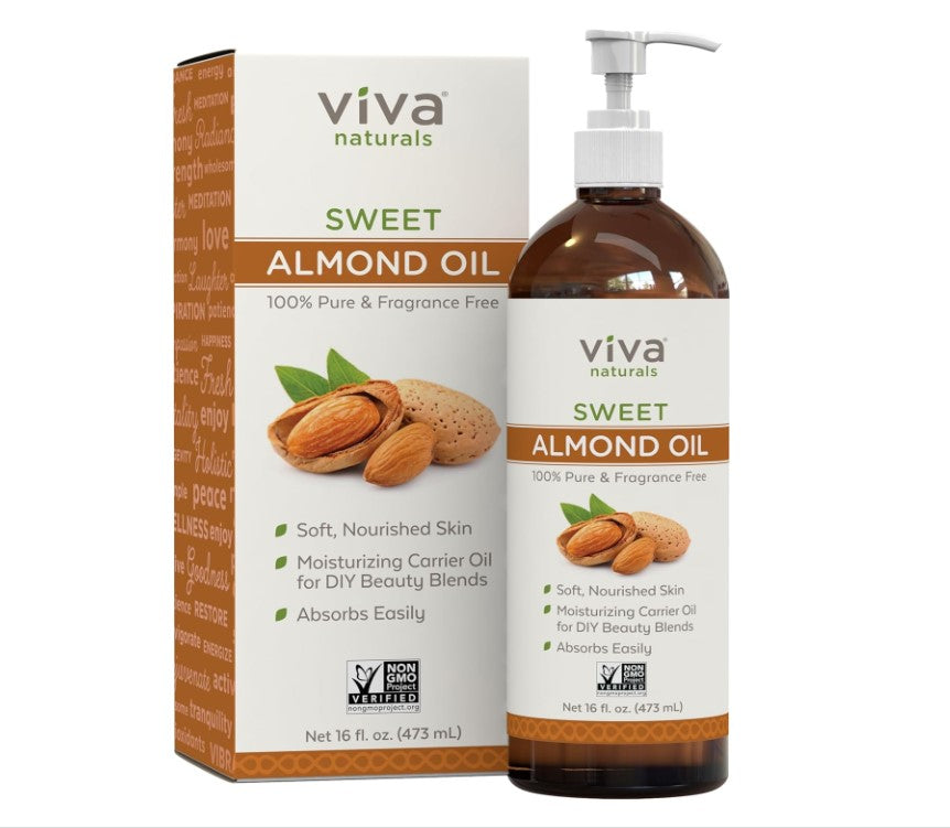 Viva Naturals Sweet Almond Oil - 100% Pure Hair and Skin Softener, Non-Greasy for Massage, Carrier Oil for Essential Oils and DIY Beauty Blends, Expeller-Pressed Almond Oil for Body, Non-GMO, 16 fl oz - 24hrsmart