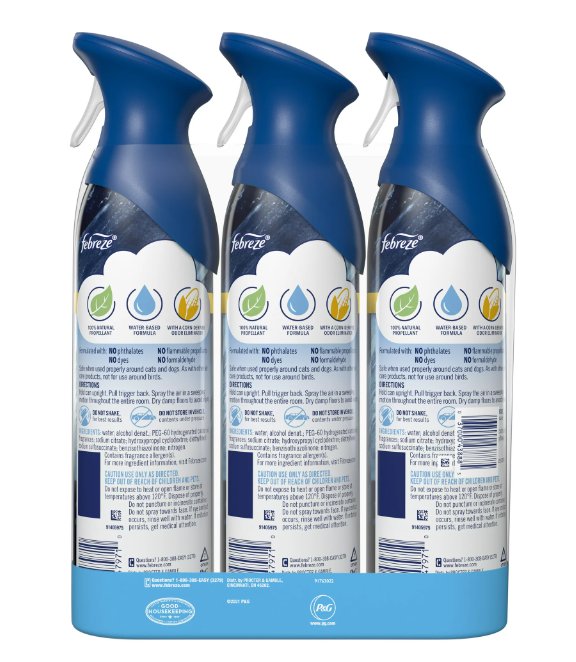 Febreze Air Freshener Spray, Air Fresheners For Bathroom, Ocean Scent, Air Refresher Spray, Bathroom Spray, Odor Fighter for Strong Odor, 8.8 oz (Pack of 3) 24Hr Smart