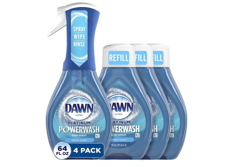 Dawn Platinum Powerwash Dish Spray, Dish Soap, Fresh Scent Bundle, 1 Spray (16oz) + 3 Refills (16oz each)(Pack of 4) - 24hrsmart
