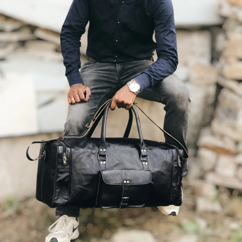 Black Solid Leather Men's Travel Bag Genuine Duffel Luggage Gym Weekend 24Hr Smart