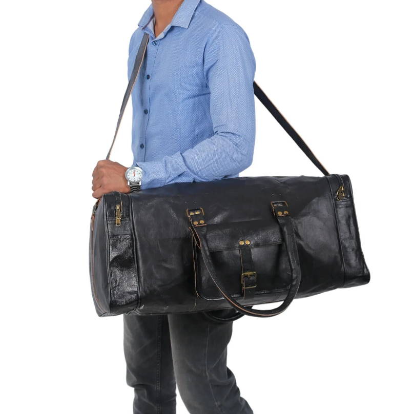 Black Solid Leather Men's Travel Bag Genuine Duffel Luggage Gym Weekend 24Hr Smart