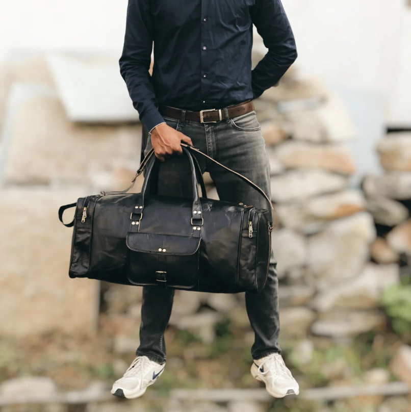Black Solid Leather Men's Travel Bag Genuine Duffel Luggage Gym Weekend 24Hr Smart
