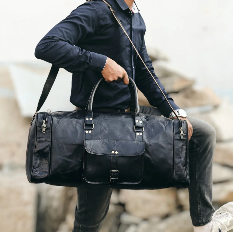 Black Solid Leather Men's Travel Bag Genuine Duffel Luggage Gym Weekend 24Hr Smart