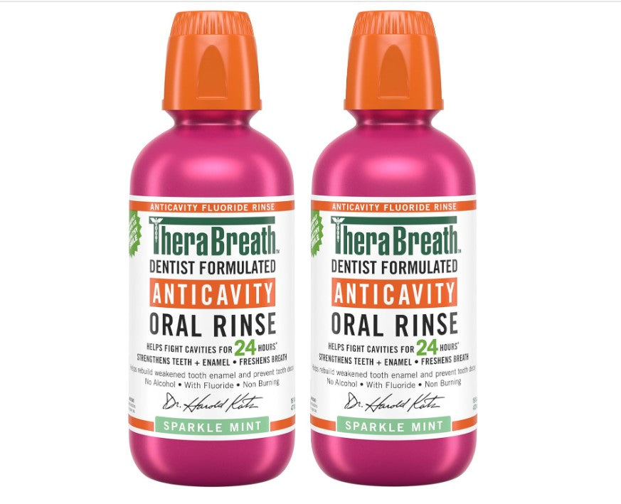 TheraBreath Cavity,Bad Breath Healthy Smile Dentist Formulated 24-Hour Oral Rinse, Fluoride Mouthwash, Sparkle Mint, 16 Ounce (Pack of 2) - 24hrsmart