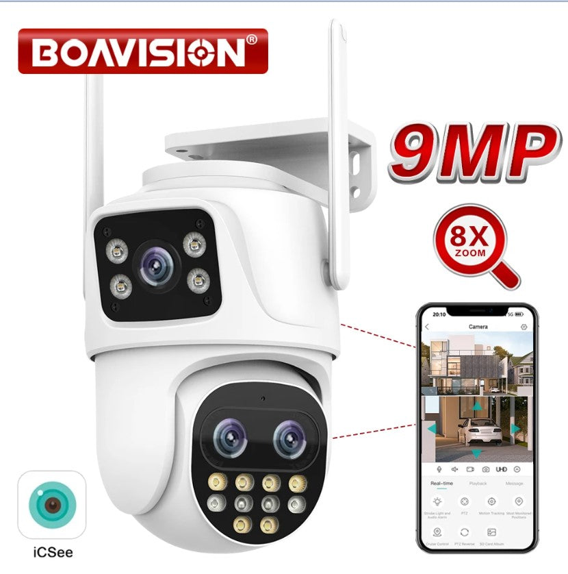 Wifi Surveillance Camera Outdoor PTZ 9MP Three lens 8X Digital Zoom AI Auto Tracking Humanoid Detection 4MP Security Camera 24Hr Smart