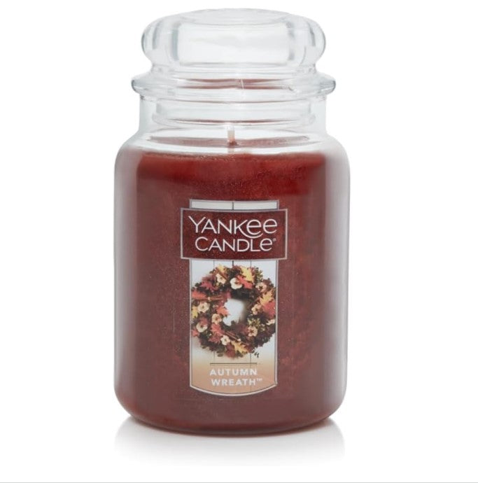 Yankee Candle Autumn Wreath Scented, Classic 22oz Large Jar Single Wick Aromatherapy Candle, Over 110 Hours of Burn Time, Apothecary Jar Fall Candle, Autumn Candle Scented for Home