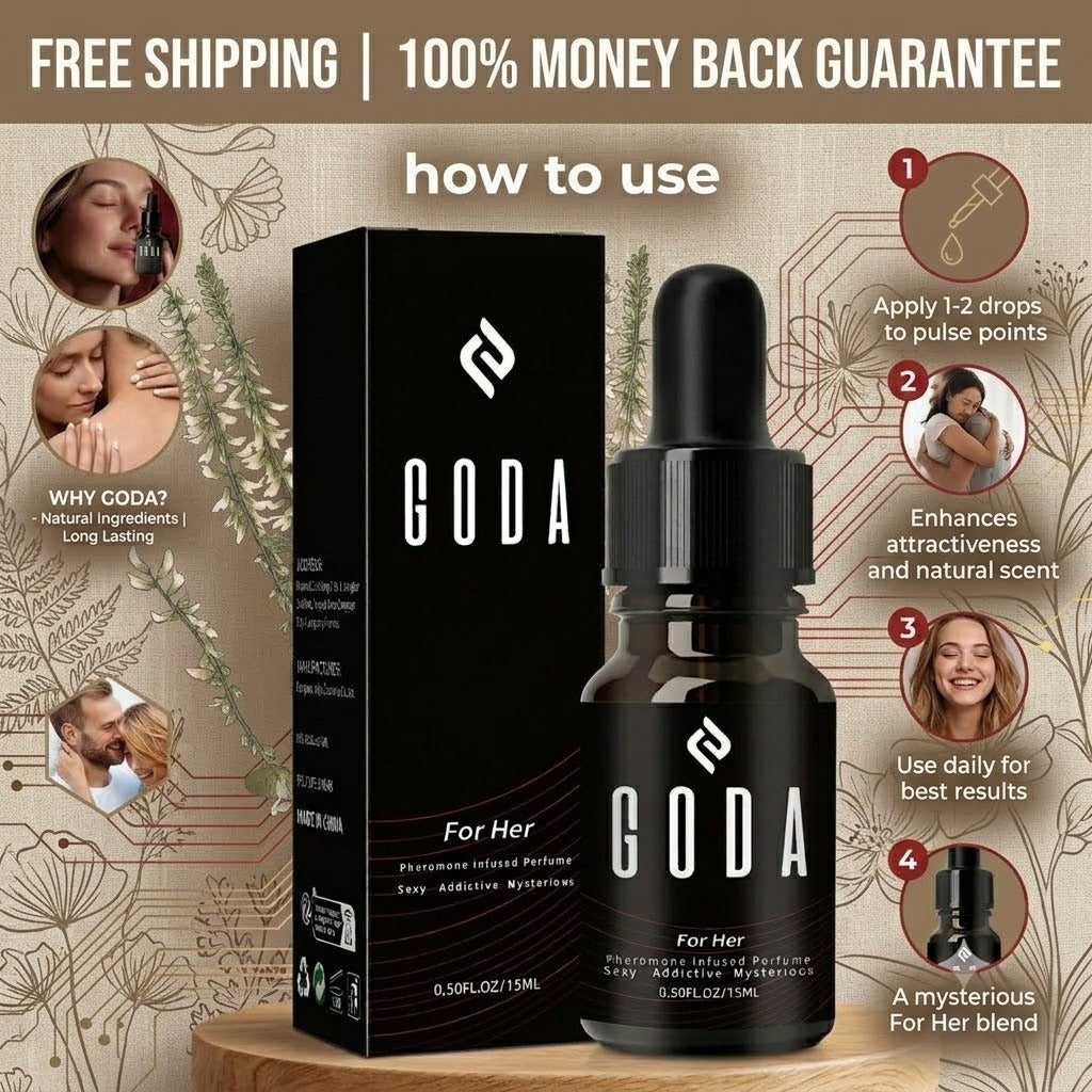 Goda 'For Her' pheromone-infused perfume shown with its black retail box and dropper bottle on a wooden surface, surrounded by beige decorative graphics, text overlays, and step-by-step usage instructions.