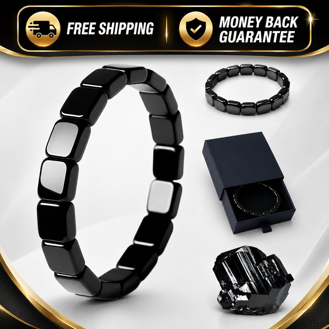Black magnetic ceramic stretch bracelet shown with its presentation box and a second bracelet view, plus promotional text banners for free shipping and money back guarantee.