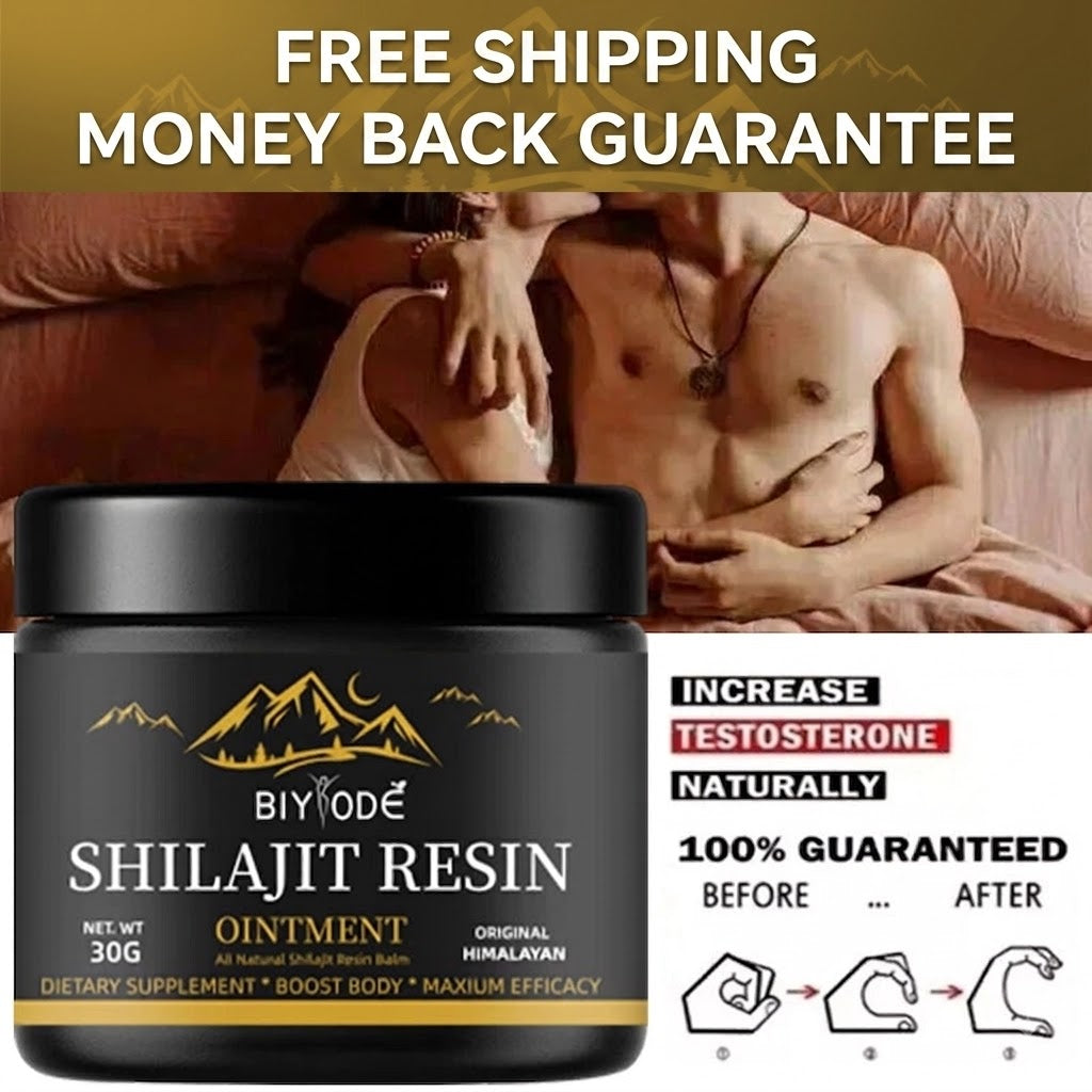 A jar of Biyode Shilajit Resin ointment shown in the foreground, with a promotional background featuring a couple embracing and text claims including 'FREE SHIPPING', 'MONEY BACK GUARANTEE', and benefits about increasing testosterone naturally. Diagrams on the right show physical changes.