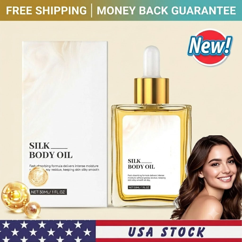 Silk Body Oil bottle and box shown on a beige promotional background with a smiling woman, shipping guarantee text, a red 'New!' badge, and a USA stock banner.