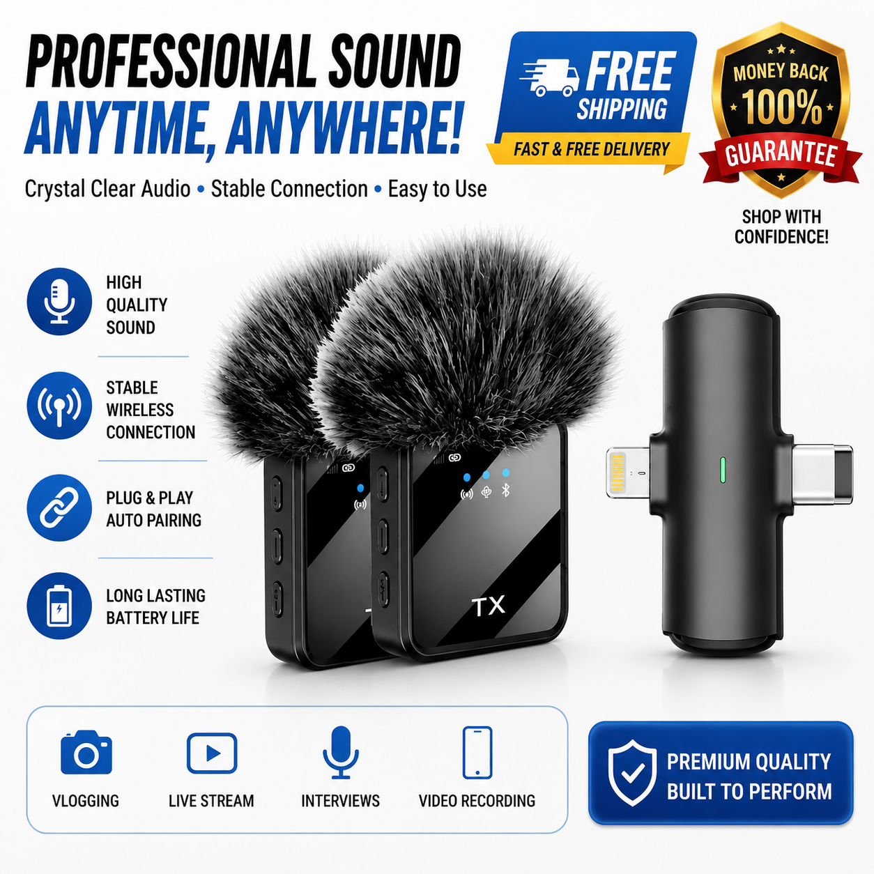 3.5mm 3-in-1 Mini Wireless Lavalier Microphone for iPhone Android Camera F15 3 in 1 (2 Mic)
