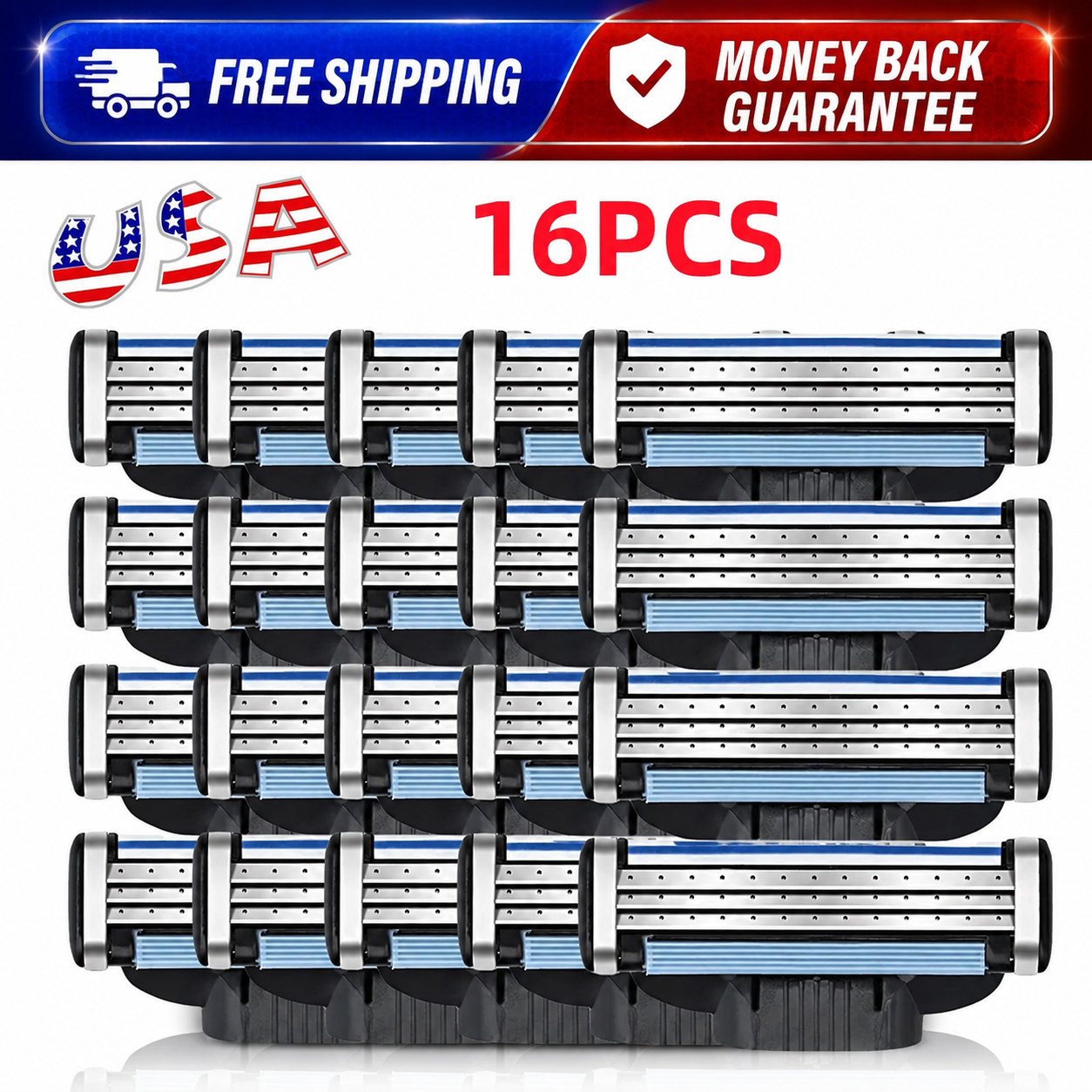 Sixteen double-edge electric razor heads arranged in a grid on a white background, with promotional text overlays including 'FREE SHIPPING', 'MONEY BACK GUARANTEE', 'USA', and '16PCS'.