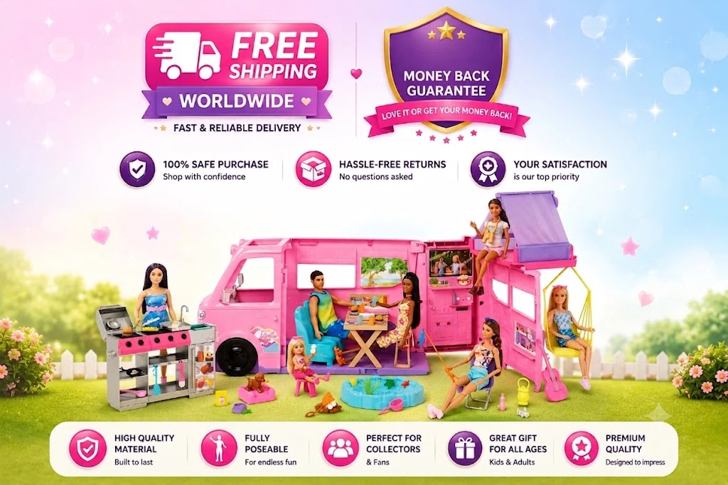 Mattel HRJ78 Barbie Dream Camper Playset with Roof Tent, BBQ Grill with - 24hrsmart
