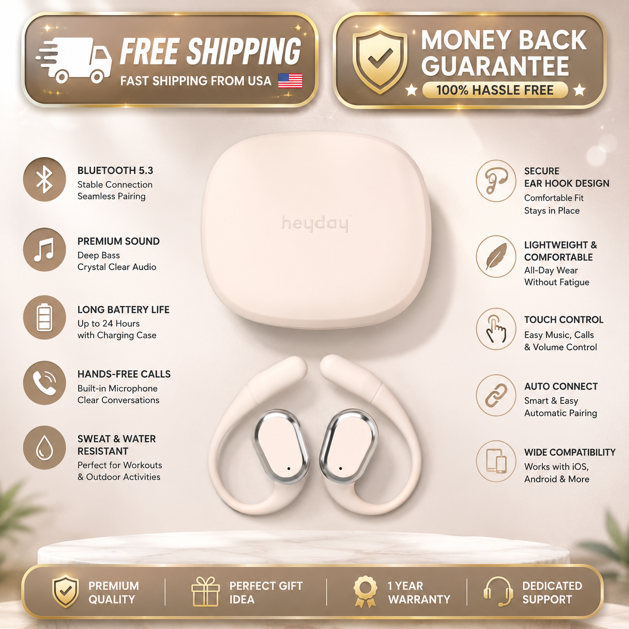 A pair of white and light beige Bluetooth earbuds with their matching charging case on a white pedestal, set against a dark brown background with gold and white promotional text highlighting product features and shipping guarantees.