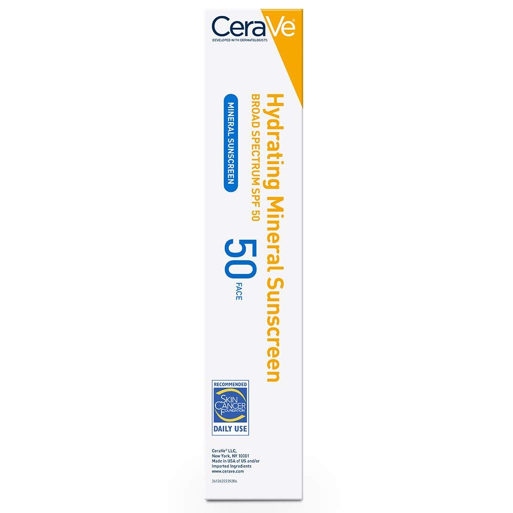 CeraVe 100% Mineral Sunscreen SPF 50 | Face Sunscreen with Zinc Oxide & Titanium Dioxide for Sensitive Skin | With Hyaluronic Acid, Niacinamide, and Ceramides | 2.5 oz - 24hrsmart