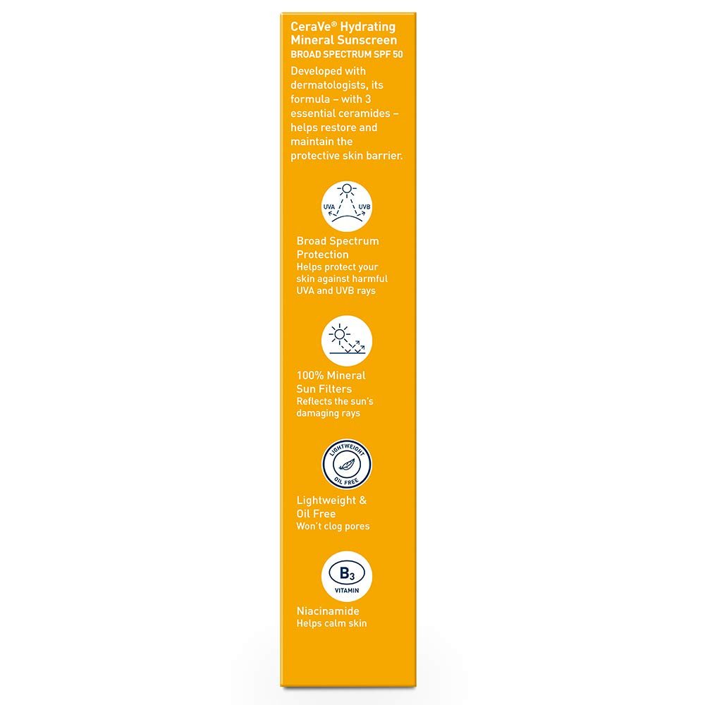 CeraVe 100% Mineral Sunscreen SPF 50 | Face Sunscreen with Zinc Oxide & Titanium Dioxide for Sensitive Skin | With Hyaluronic Acid, Niacinamide, and Ceramides | 2.5 oz - 24hrsmart