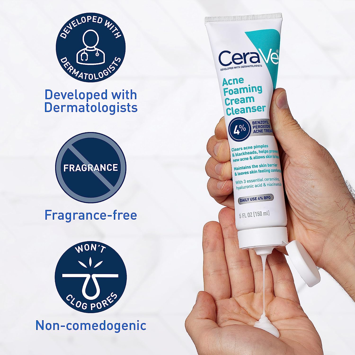 CeraVe Acne Foaming Cream Cleanser | Acne Treatment Face Wash with 4% Benzoyl Peroxide, Hyaluronic Acid, and Niacinamide | Cream to Foam Formula | Fragrance Free & Non Comedogenic | 5 Oz - 24hrsmart