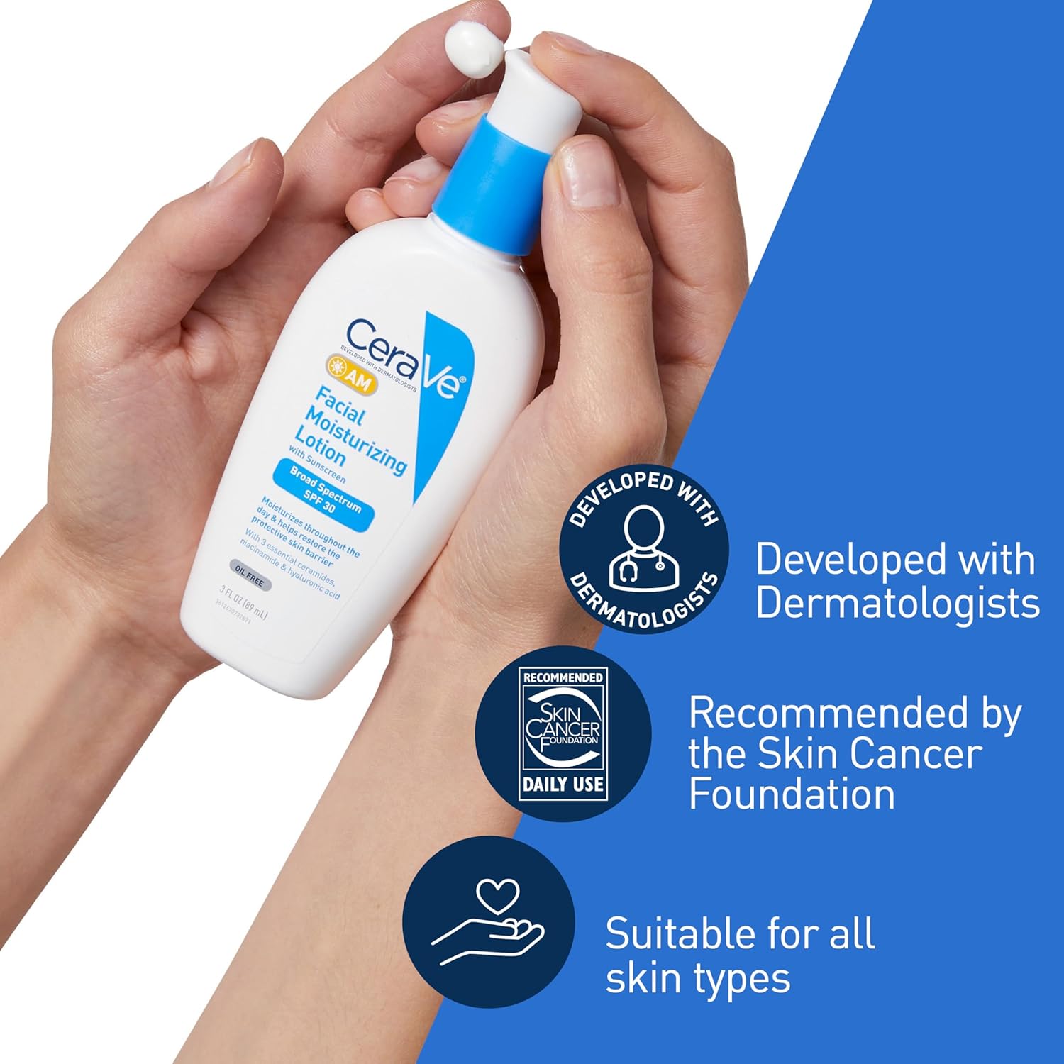 CeraVe AM Facial Moisturizing Lotion with SPF 30, Oil - Free Face Moisturizer with SPF, Formulated with Hyaluronic Acid, Niacinamide & Ceramides, Non - Comedogenic, Broad Spectrum Sunscreen, 3 Ounce - 24hrsmart