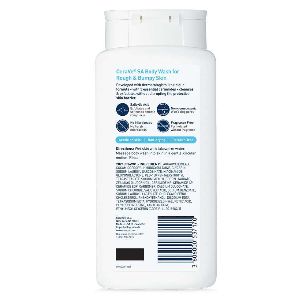 CeraVe Body Wash with Salicylic Acid, Fragrance Free Body Wash to Exfoliate Rough and Bumpy Skin, Allergy Tested, 10 Ounce - 24hrsmart
