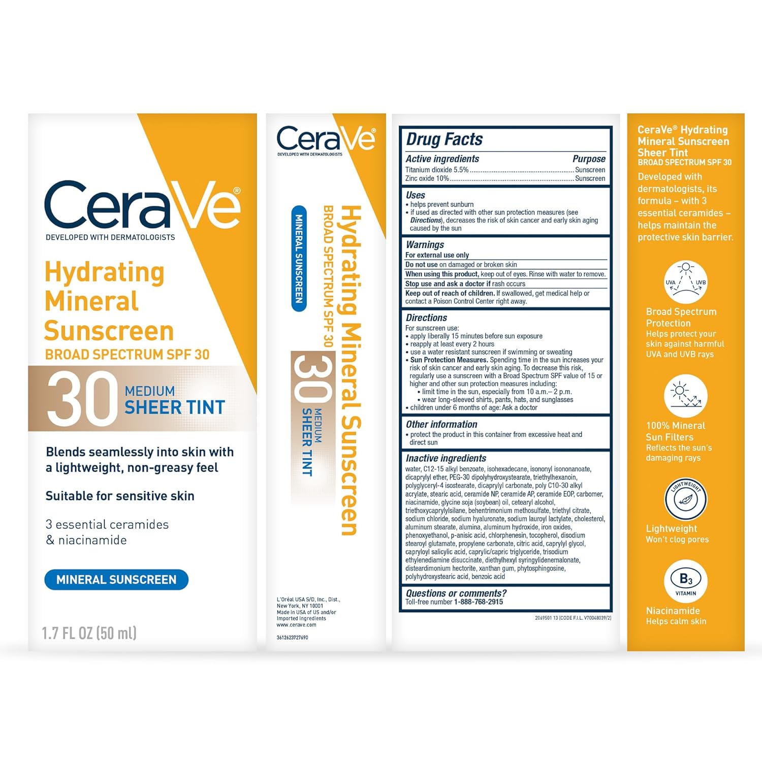 CeraVe Hydrating Mineral Sunscreen SPF 30 with Sheer Tint, Tinted Mineral Sunscreen with Zinc Oxide & Titanium Dioxide, Blends Seamlessly For Healthy Glow, 1.7 Fluid Ounce - 24hrsmart