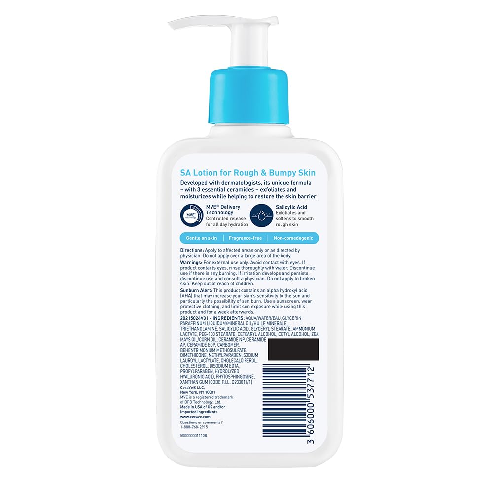 CeraVe SA Lotion for Rough & Bumpy Skin, Vitamin D, Hyaluronic Acid, Lactic Acid & Salicylic Acid Lotion, Fragrance Free & Allergy Tested, 8 Ounce - 24hrsmart