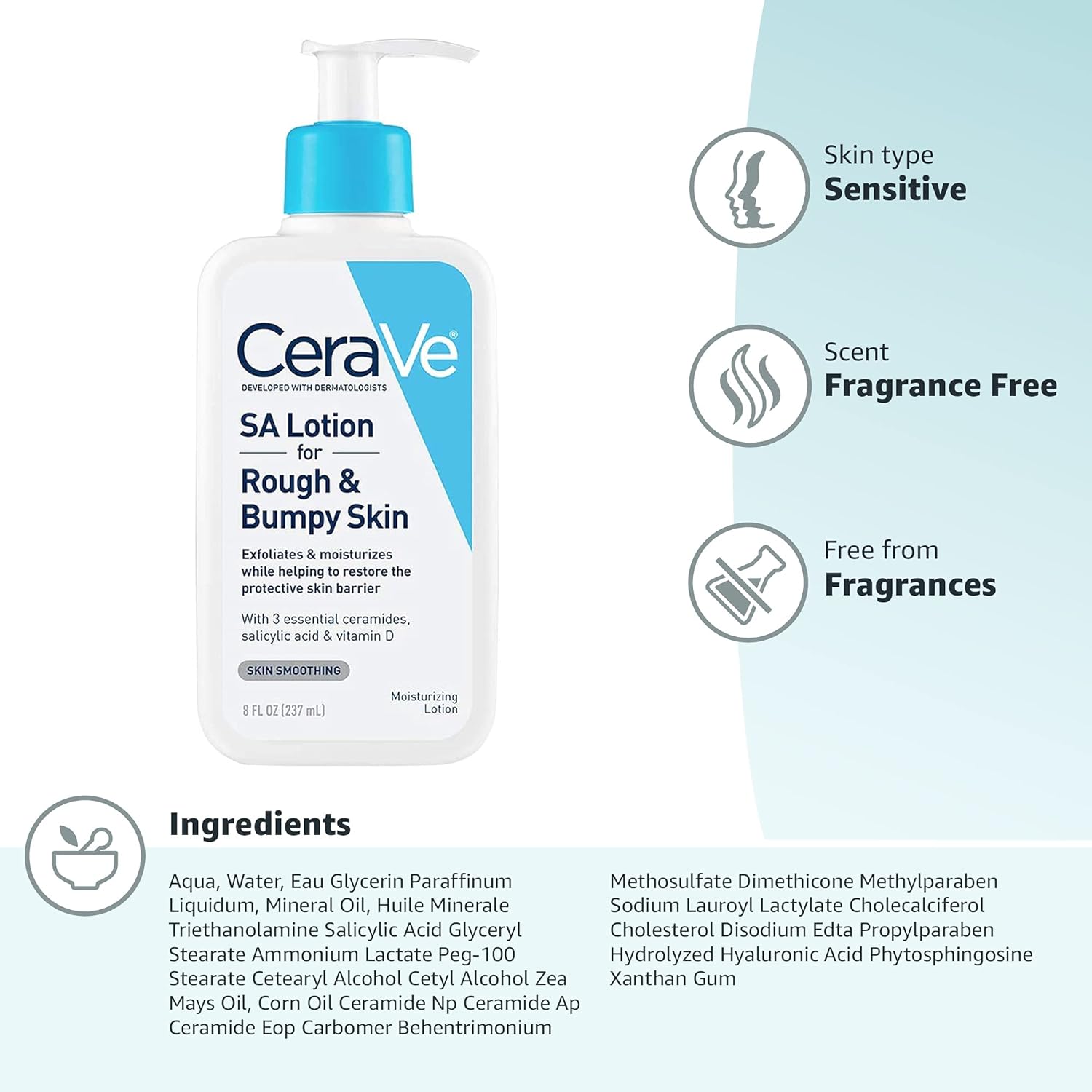CeraVe SA Lotion for Rough & Bumpy Skin, Vitamin D, Hyaluronic Acid, Lactic Acid & Salicylic Acid Lotion, Fragrance Free & Allergy Tested, 8 Ounce - 24hrsmart
