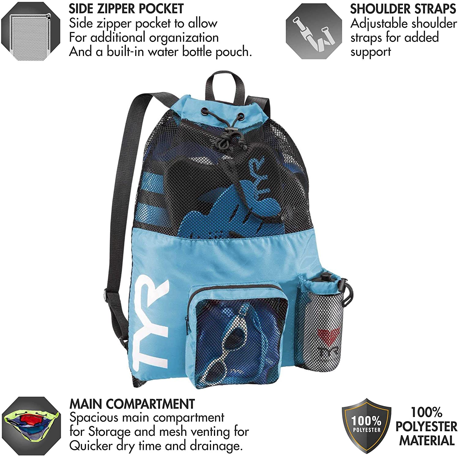 TYR Big Mesh Mummy Backpack for Swim, Gym and Workout Gear, Black, 40-Liter Capacity 24Hr Smart