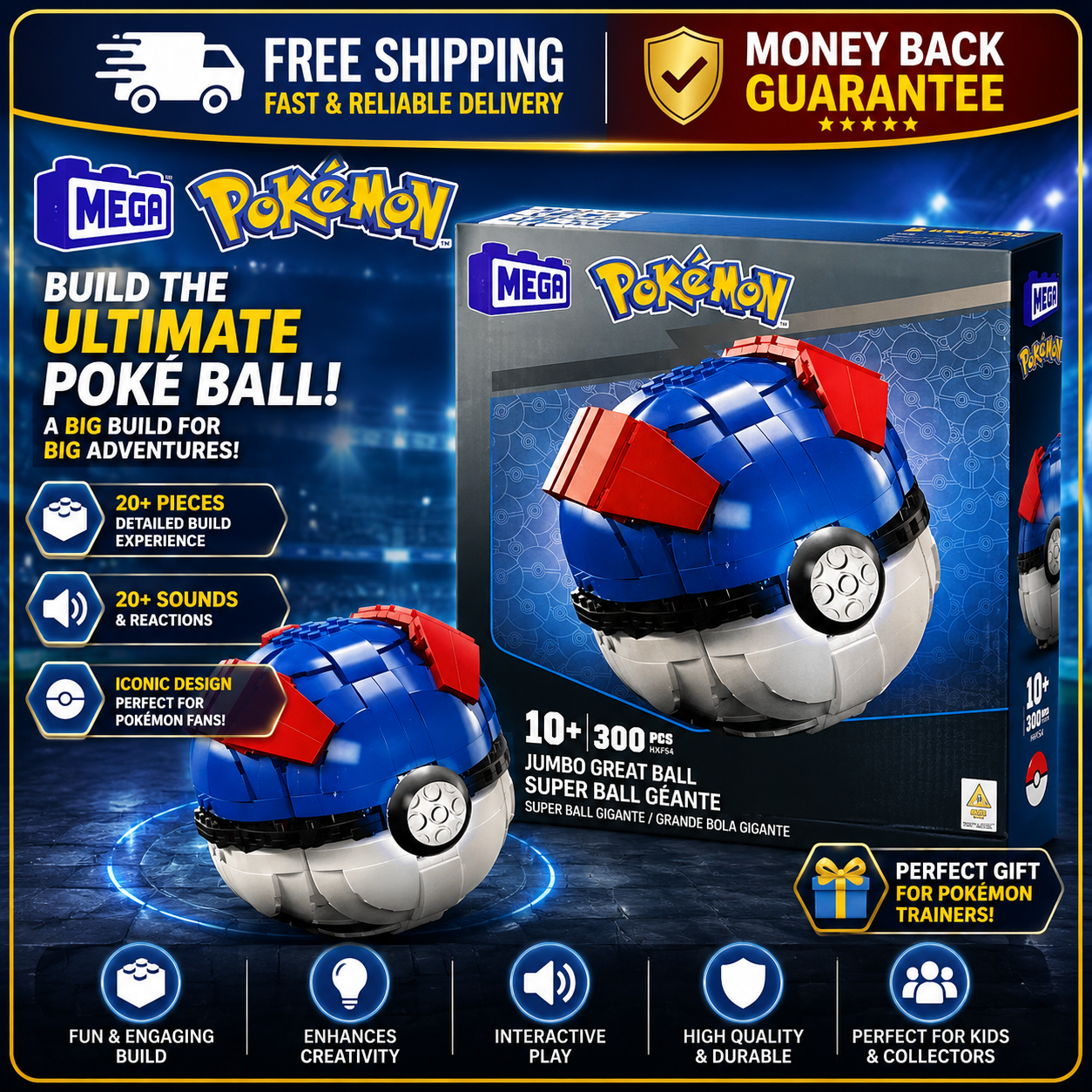 MEGA Pokemon Jumbo Great Ball Building Kit with Lights - 299pcs N-A1R5S1 - 24hrsmart