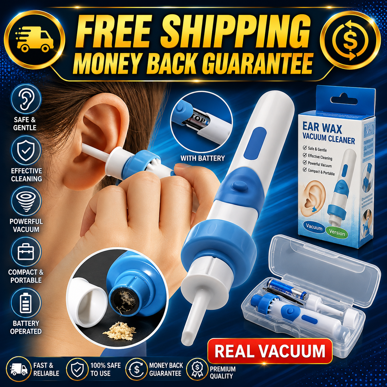 Blue and white ear wax vacuum cleaner shown with its retail box, a clear storage case containing multiple tools, and several promotional callouts including 'FREE SHIPPING', 'MONEY BACK GUARANTEE', and 'REAL VACUUM'. A hand is visible using the product near an ear, so this is classified as Lifestyle rather than Product/Packaging.
