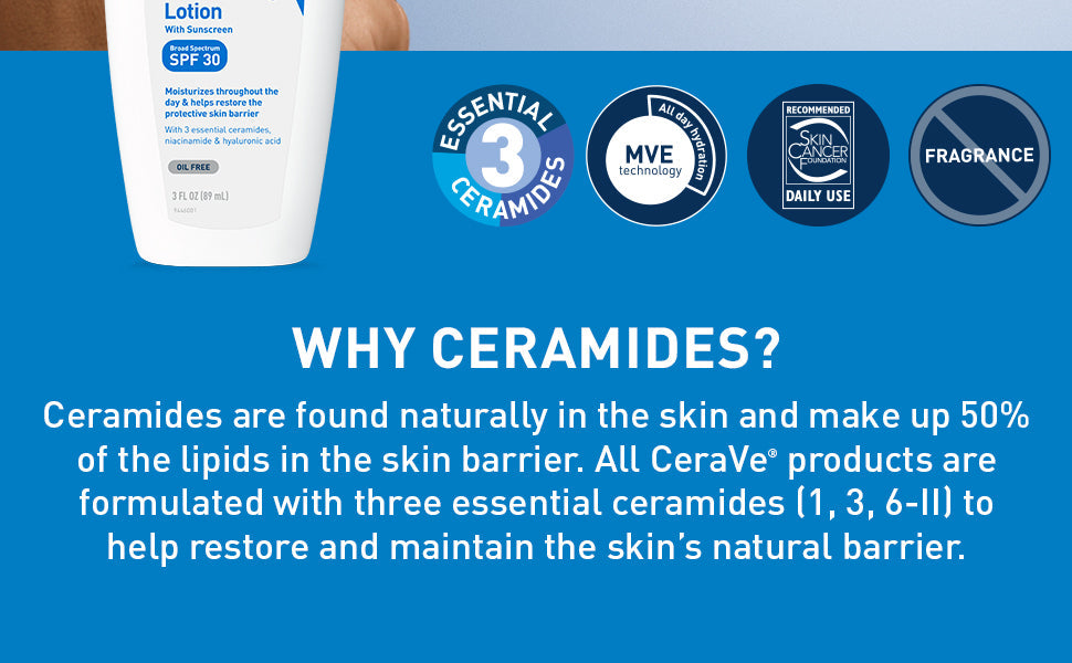 CeraVe AM Facial Moisturizing Lotion with SPF 30, Oil-Free Face Moisturizer with SPF, Formulated with Hyaluronic Acid, Niacinamide & Ceramides, Non-Comedogenic, Broad Spectrum Sunscreen, 3 Ounce 24hrsmart