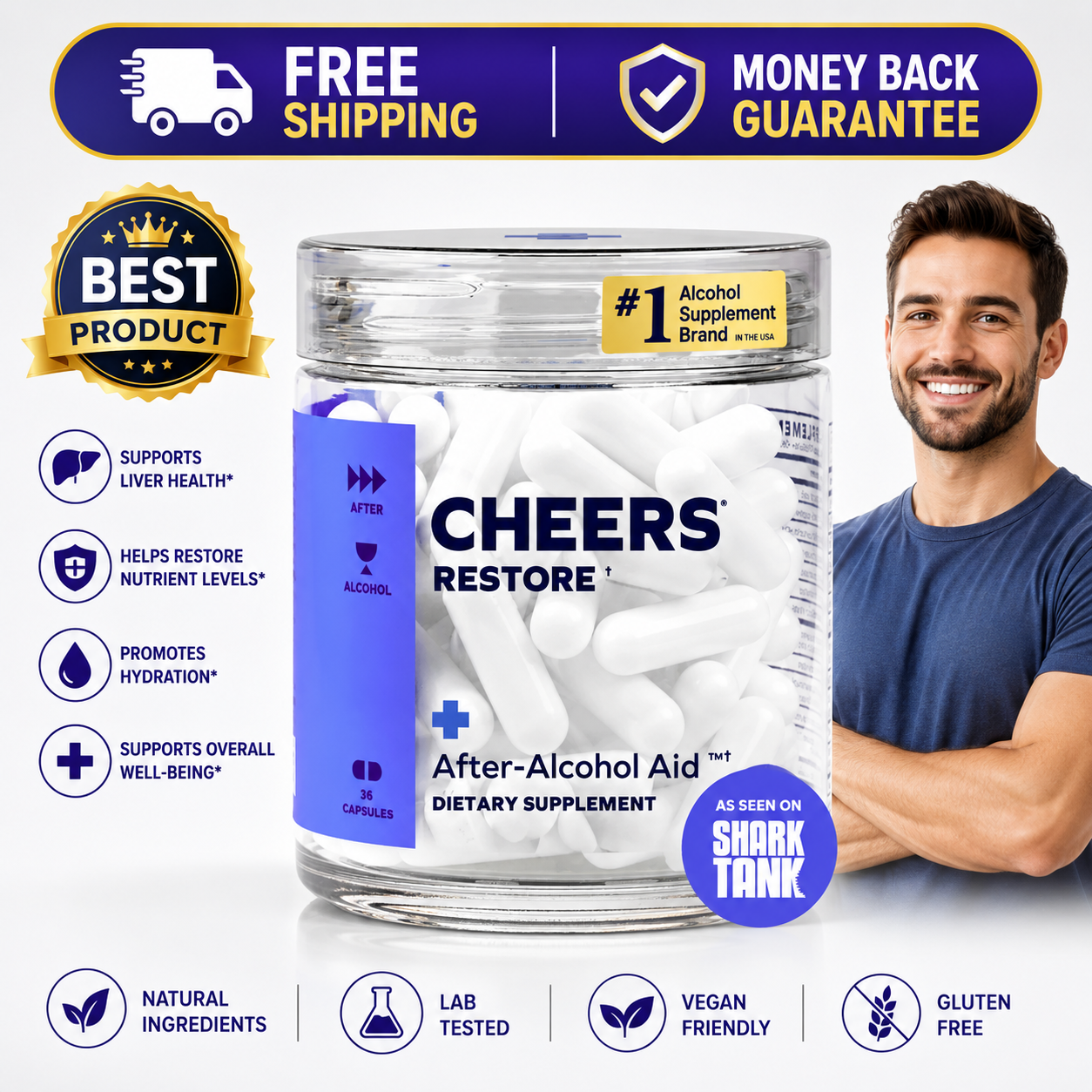 Cheers Restore DHM and L-Cysteine capsules for after-drinking and liver wellness support.