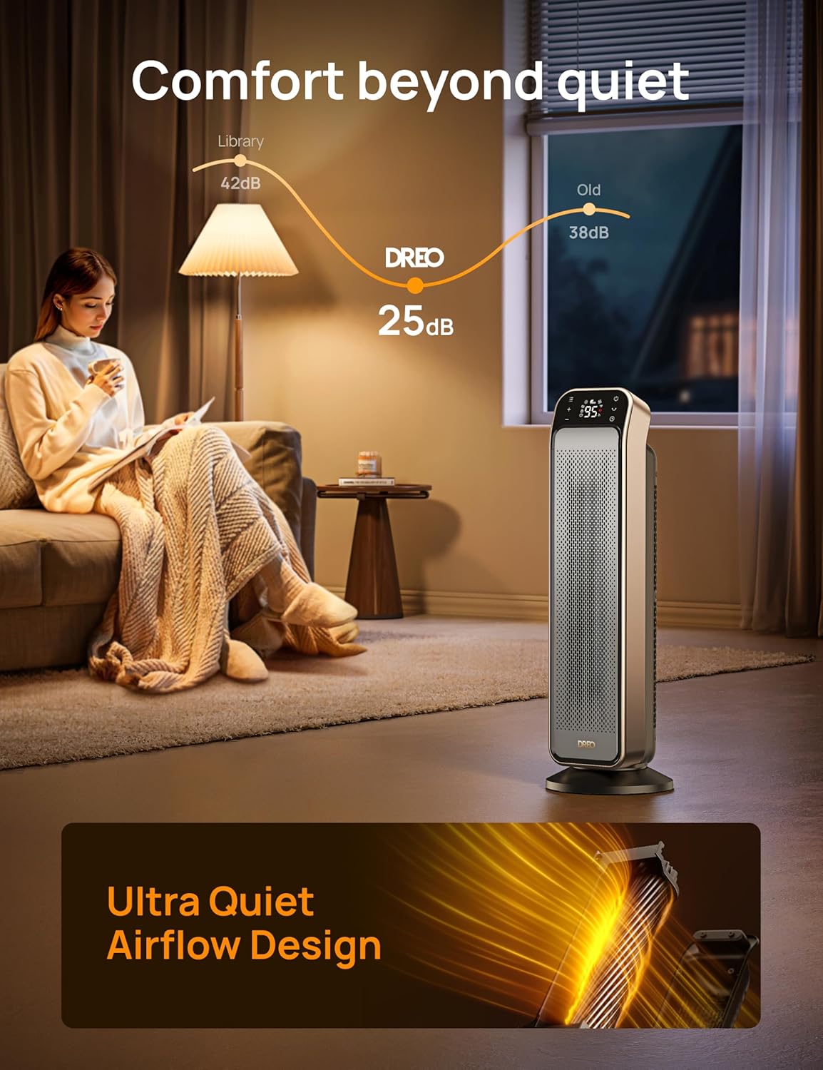 DREO 1500W PTC 25'' Space Heater Solaris Max Silver and Gold - 24hrsmart