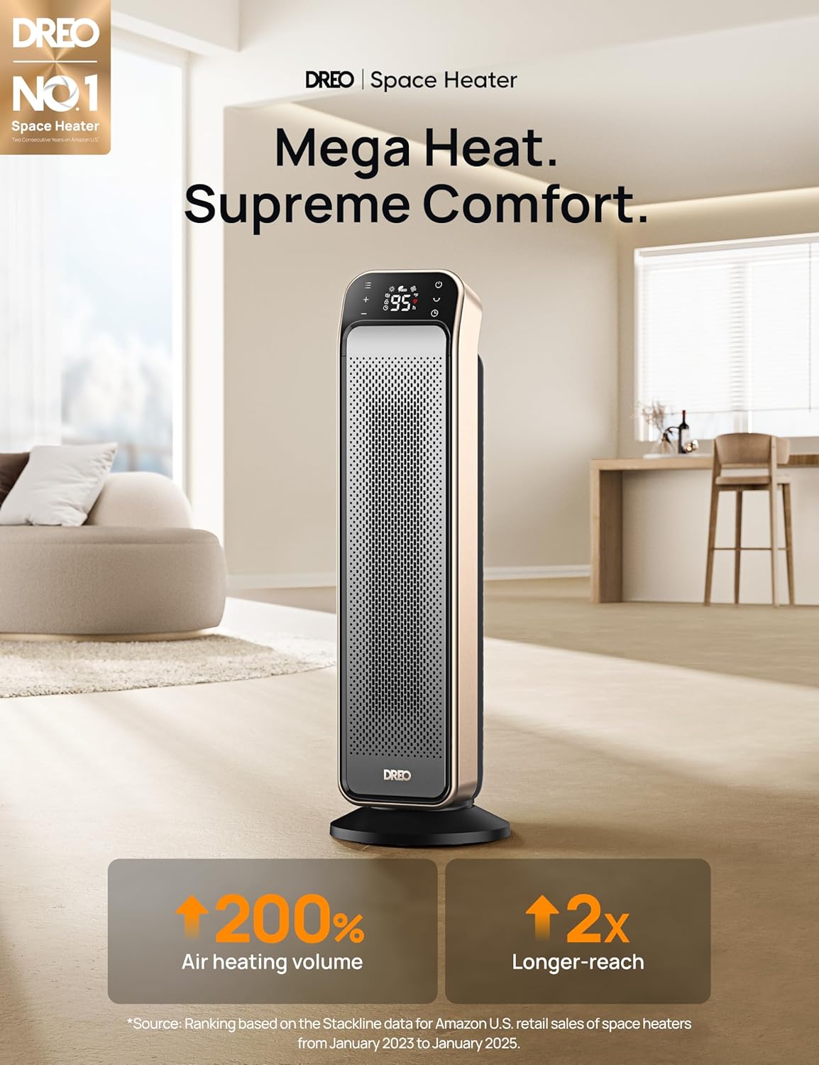 DREO 1500W PTC 25'' Space Heater Solaris Max Silver and Gold - 24hrsmart