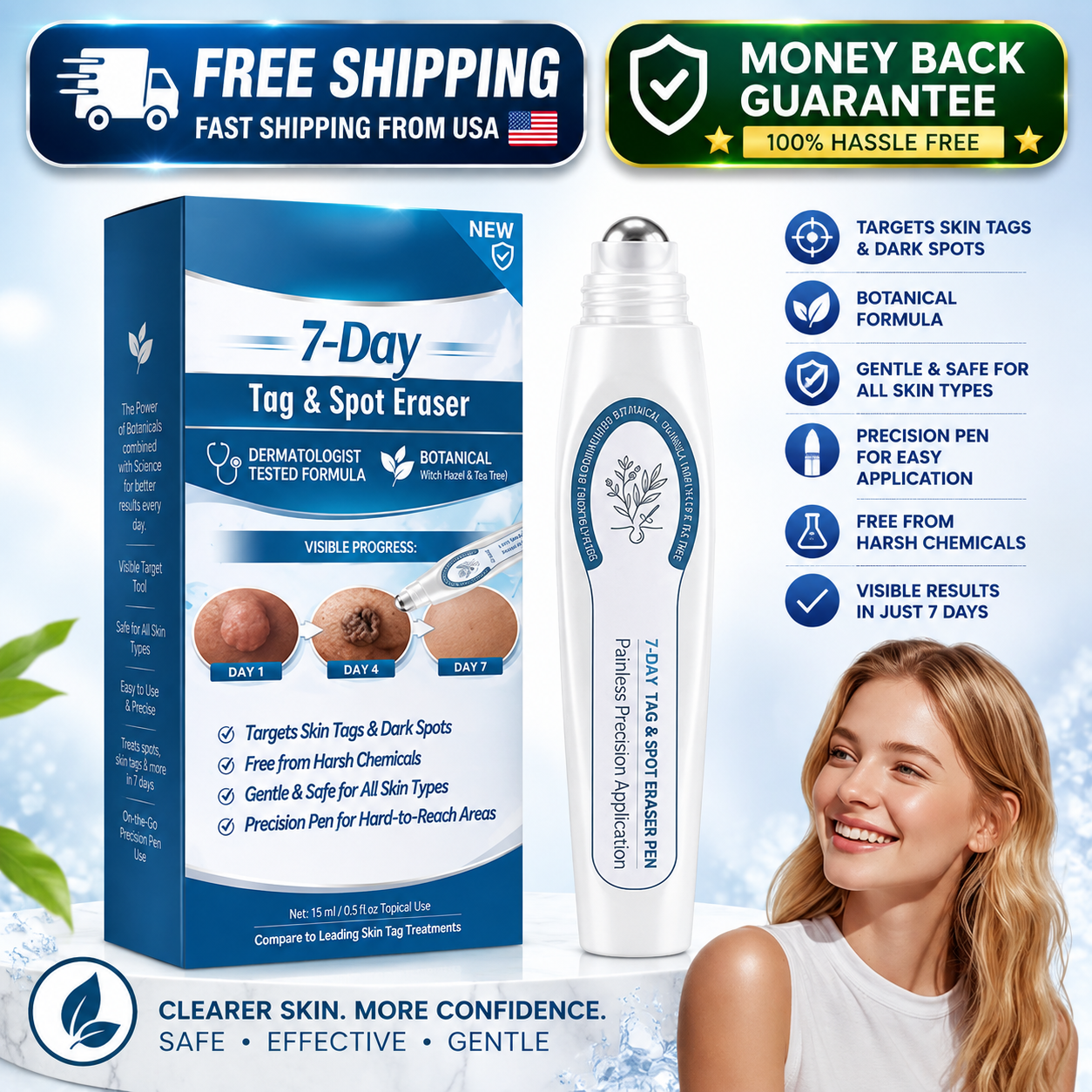 A boxed and tube-style tag and spot eraser treatment shown on a light blue promotional background, with a woman's face partially visible on the right. Large text includes 'FREE SHIPPING FROM USA,' 'MONEY BACK GUARANTEE,' and product claims such as 'Targets Skin Tags & Dark Spots' and 'Gentle & Safe for All Skin Types.