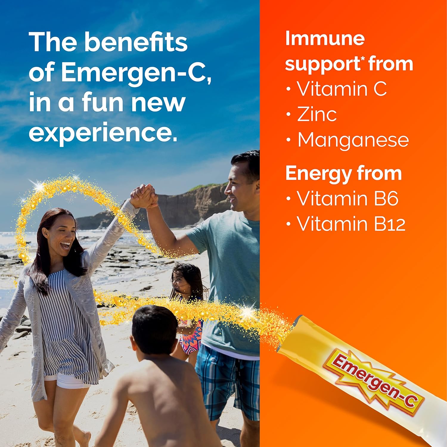 Emergen - C Crystals, On - the - Go Emergen - C Immune Support Supplement with Vitamin C, B Vitamins, Zinc and Manganese, Orange Vitality - 56 Stick Packs - 24hrsmart