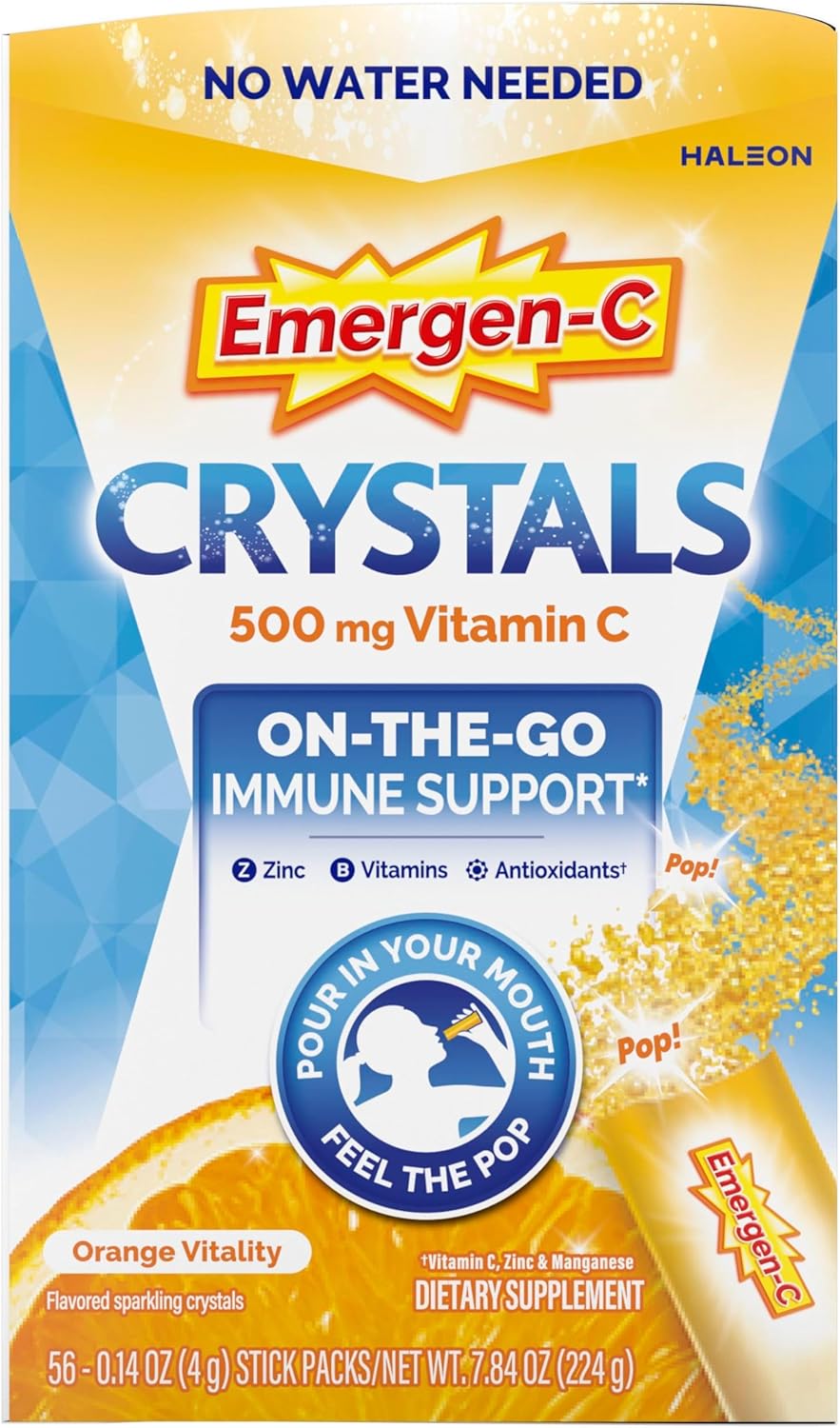 Emergen - C Crystals, On - the - Go Emergen - C Immune Support Supplement with Vitamin C, B Vitamins, Zinc and Manganese, Orange Vitality - 56 Stick Packs - 24hrsmart
