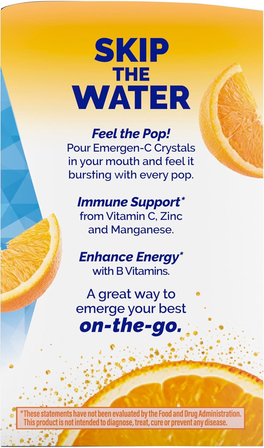 Emergen - C Crystals, On - the - Go Emergen - C Immune Support Supplement with Vitamin C, B Vitamins, Zinc and Manganese, Orange Vitality - 56 Stick Packs - 24hrsmart