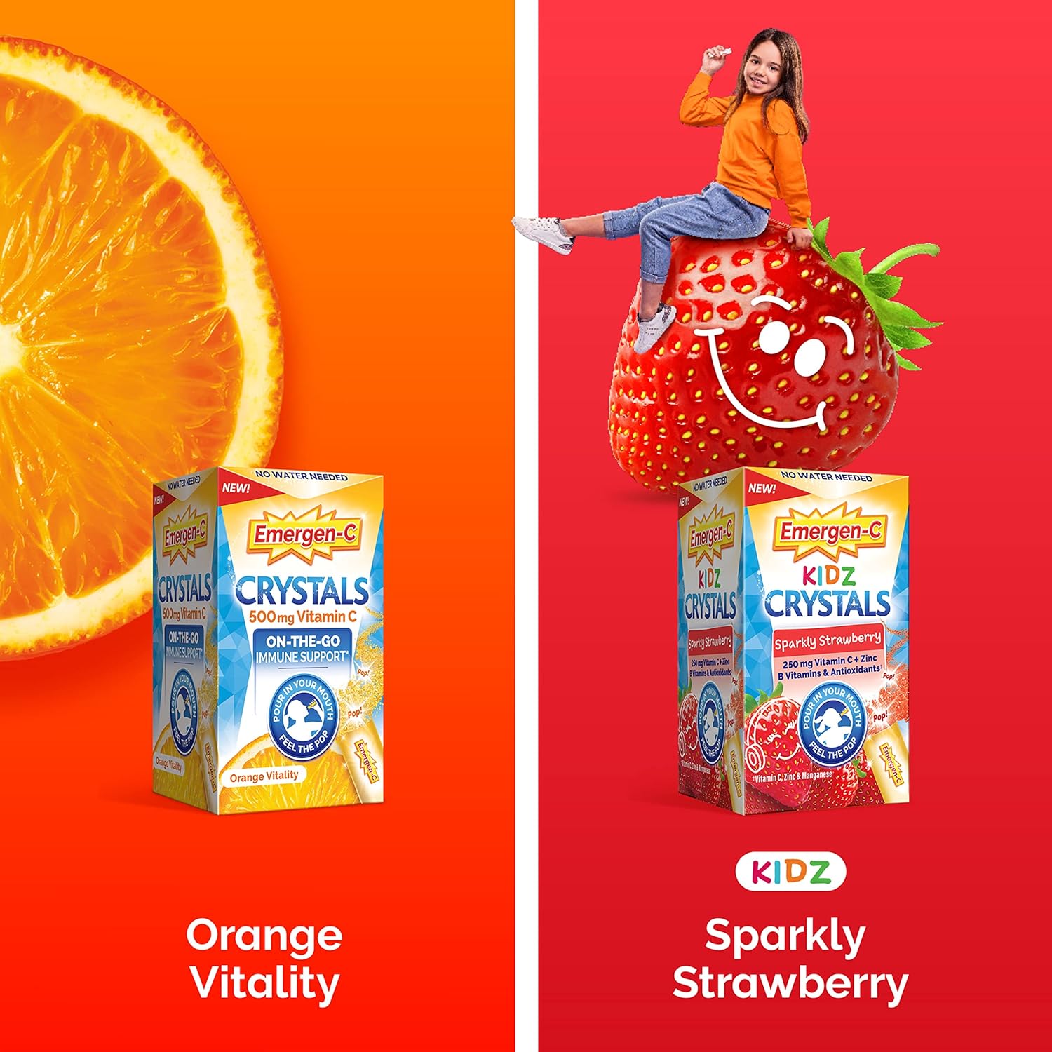 Emergen - C Crystals, On - the - Go Emergen - C Immune Support Supplement with Vitamin C, B Vitamins, Zinc and Manganese, Orange Vitality - 56 Stick Packs - 24hrsmart