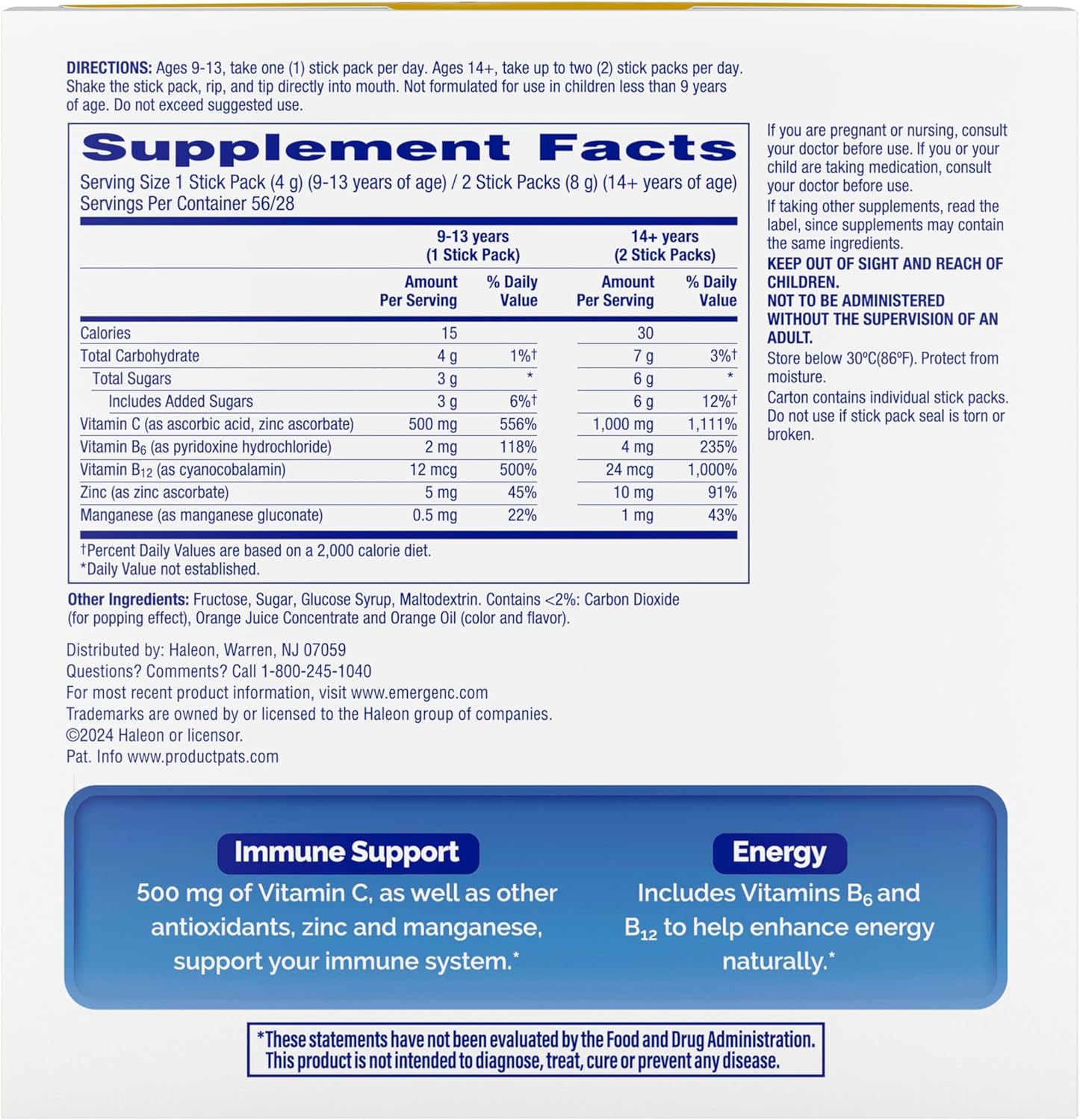 Emergen - C Crystals, On - the - Go Emergen - C Immune Support Supplement with Vitamin C, B Vitamins, Zinc and Manganese, Orange Vitality - 56 Stick Packs - 24hrsmart