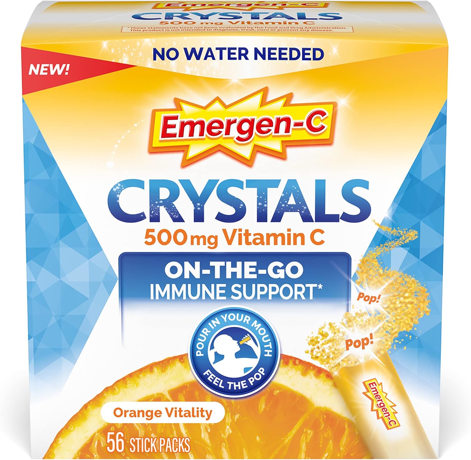 Emergen - C Crystals, On - the - Go Emergen - C Immune Support Supplement with Vitamin C, B Vitamins, Zinc and Manganese, Orange Vitality - 56 Stick Packs - 24hrsmart