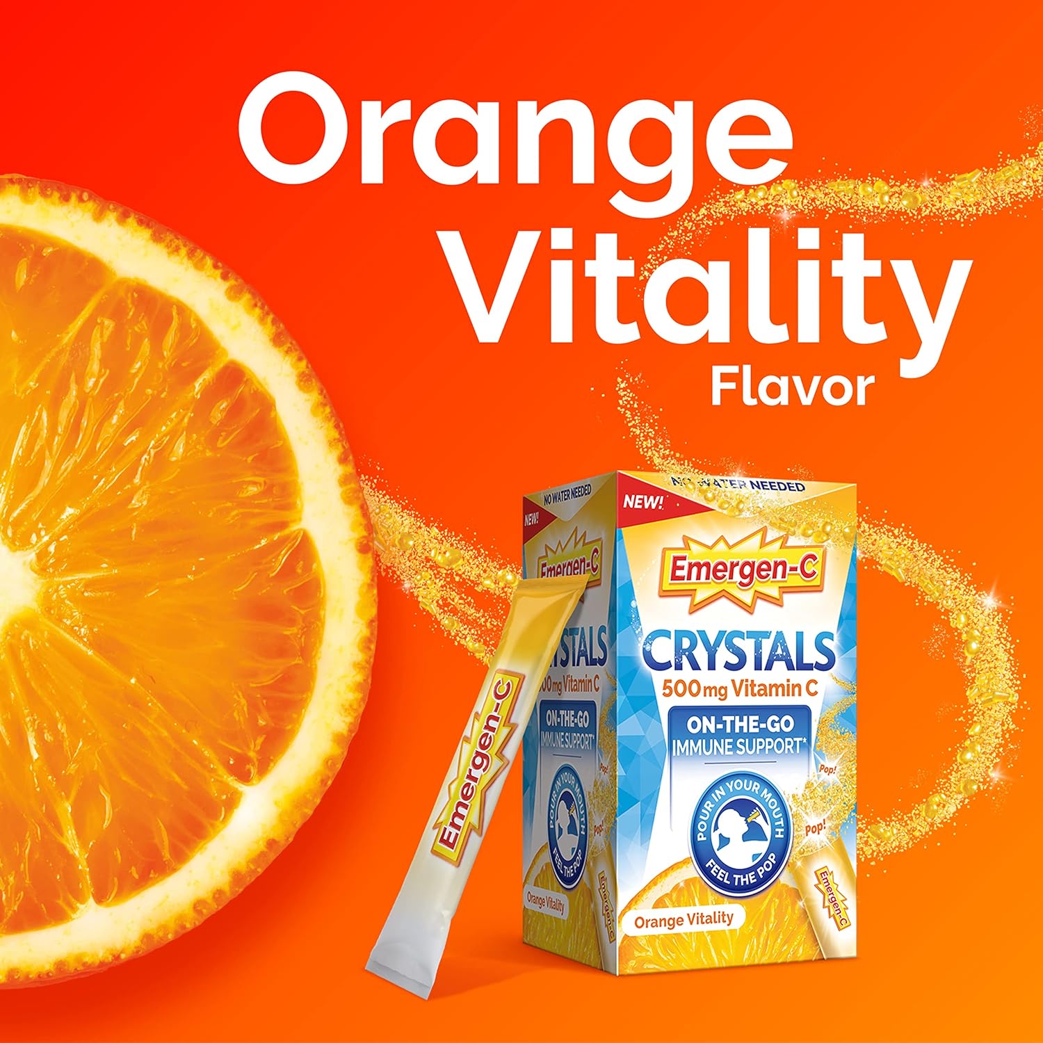Emergen - C Crystals, On - the - Go Emergen - C Immune Support Supplement with Vitamin C, B Vitamins, Zinc and Manganese, Orange Vitality - 56 Stick Packs - 24hrsmart