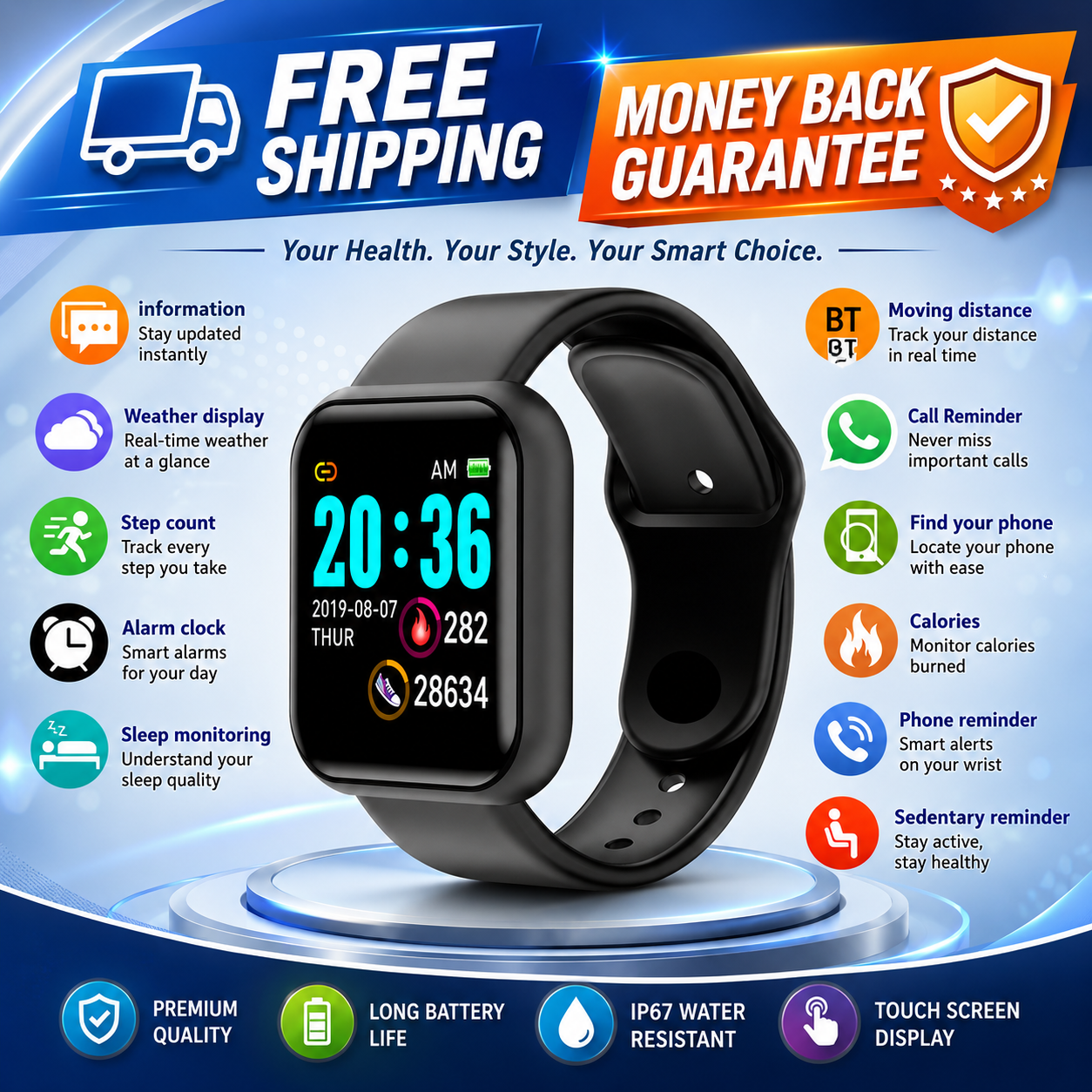 Smartwatch Men Women Wristwatches Smart Watch Message Fitness Monitor Bracelet B (Y68) - 24hrsmart
