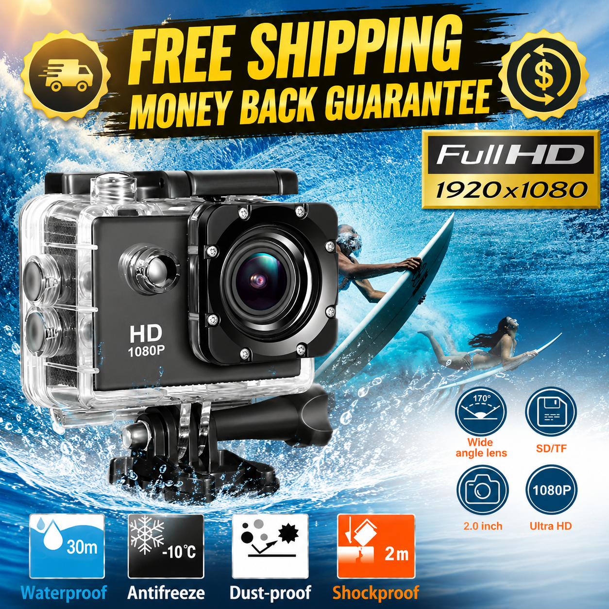 Black and clear waterproof action camera with a mounting base, shown on a blue ocean splash background with promotional text including 'FREE SHIPPING', 'Full HD 1920x1080', and feature icons for waterproof, antifreeze, dust-proof, and shockproof.