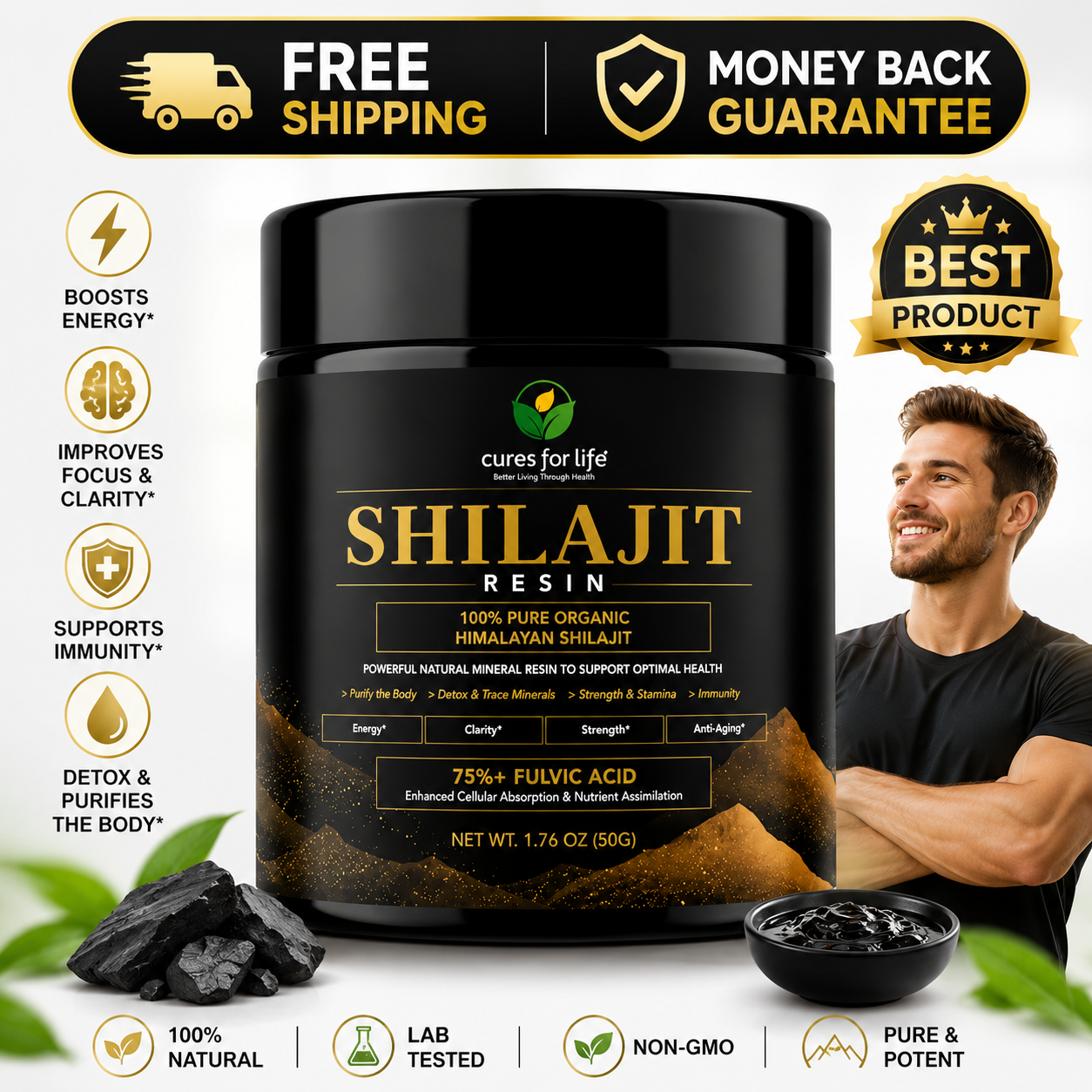 Cures For Life Shilajit Resin with 75%+ Fulvic Acid and 80+ Trace Minerals