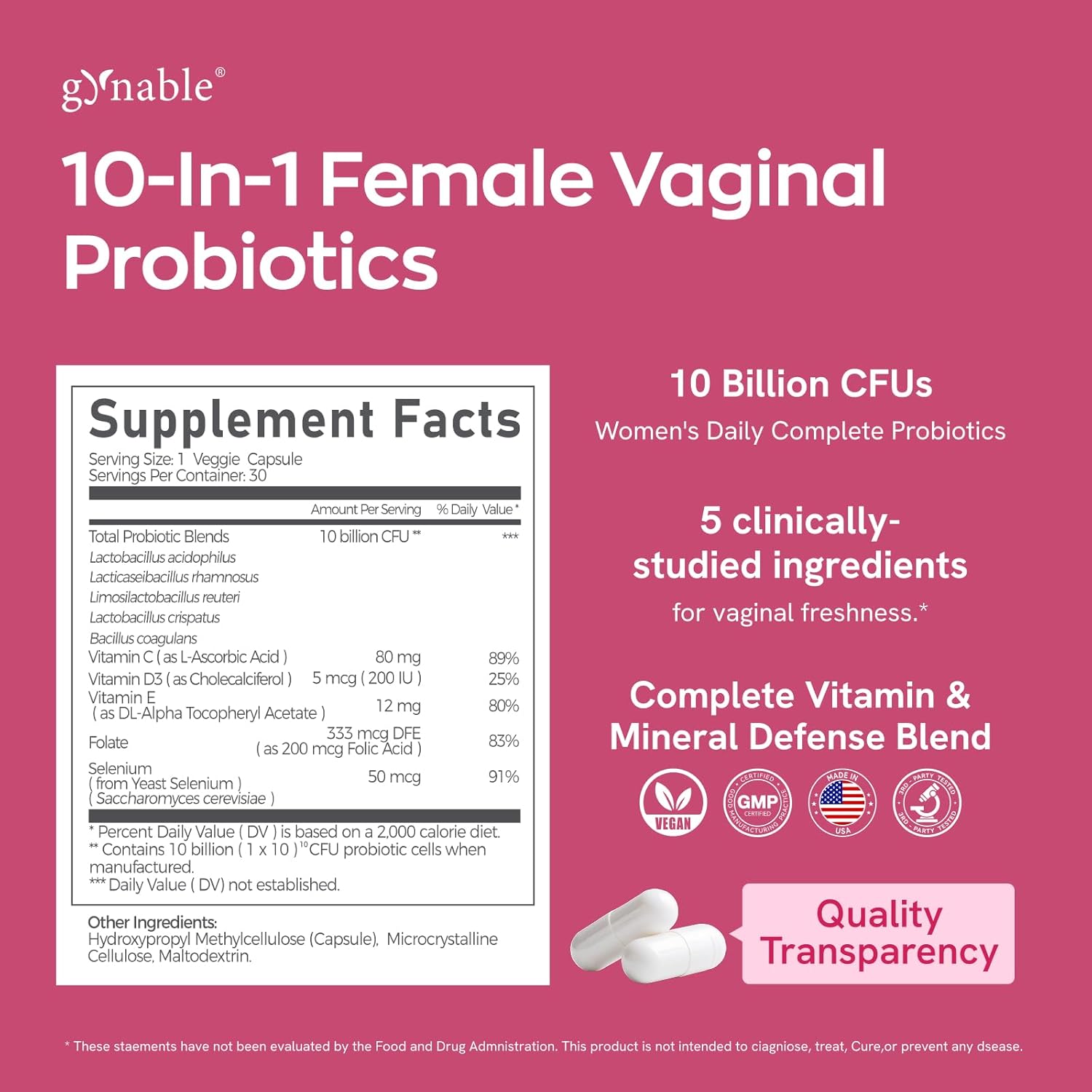 Gynable Vaginal Probiotics for Womem,Female Probiotic for pH Balance with Lactobacillus 5 Billion CFU Probiotics Blend,Selenium - Vitamin D3,Promote Healthy Vaginal Odor & Vaginal Flora,30 Count - 24hrsmart
