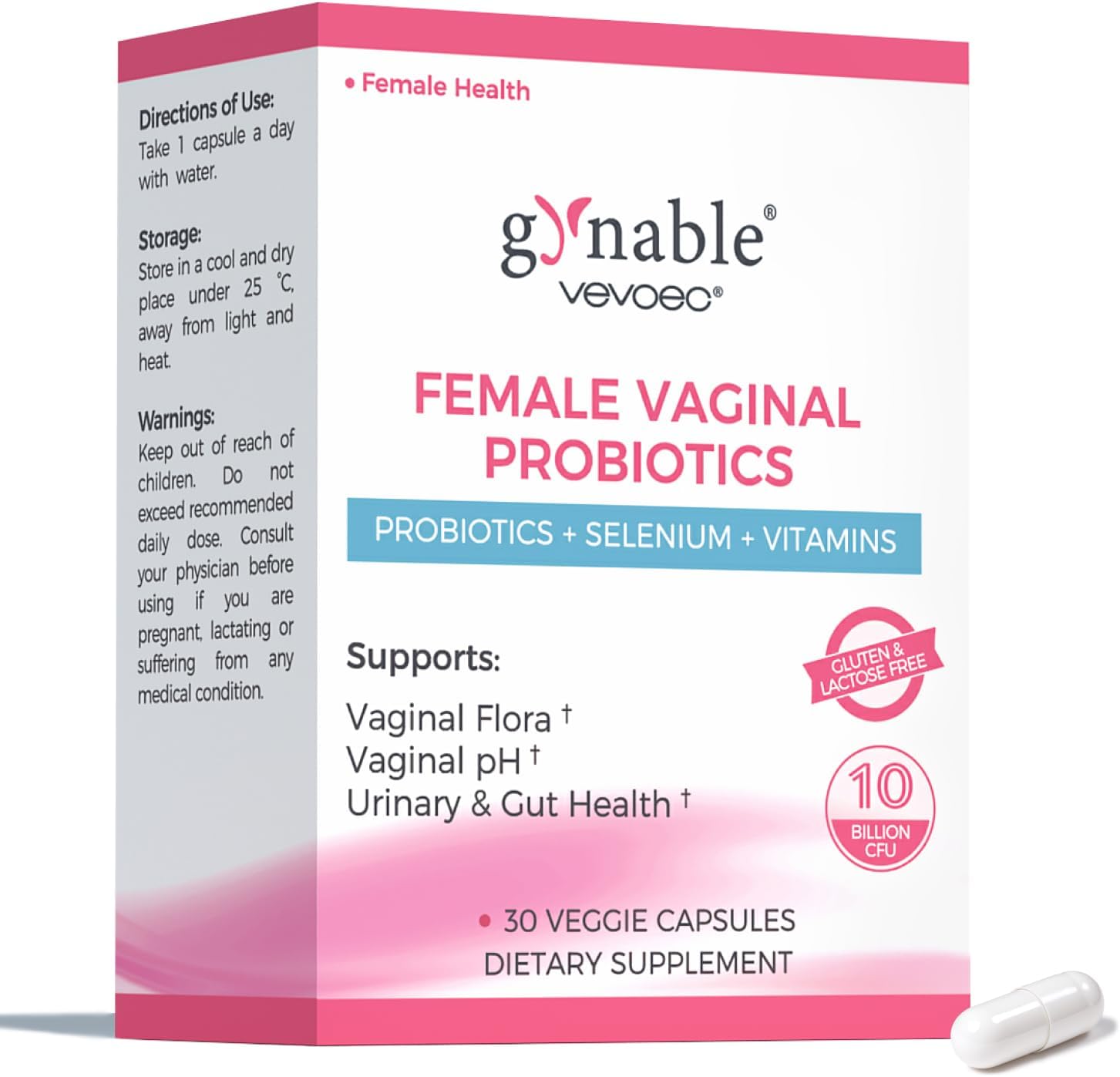 Gynable Vaginal Probiotics for Womem,Female Probiotic for pH Balance with Lactobacillus 5 Billion CFU Probiotics Blend,Selenium - Vitamin D3,Promote Healthy Vaginal Odor & Vaginal Flora,30 Count - 24hrsmart