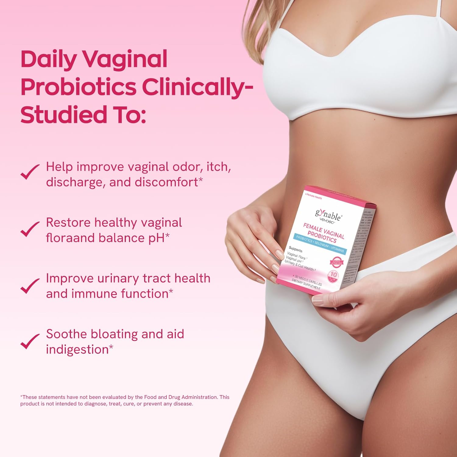 Gynable Vaginal Probiotics for Womem,Female Probiotic for pH Balance with Lactobacillus 5 Billion CFU Probiotics Blend,Selenium - Vitamin D3,Promote Healthy Vaginal Odor & Vaginal Flora,30 Count - 24hrsmart